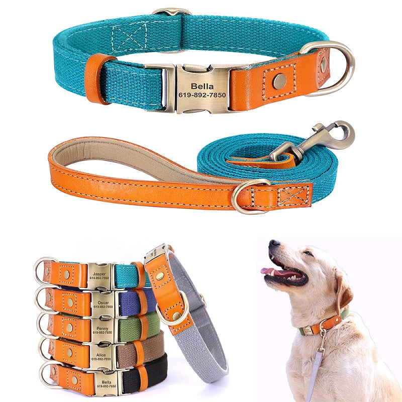 Customized Nylon Leather Dog Collar Leash Set - My Puppy Fresh